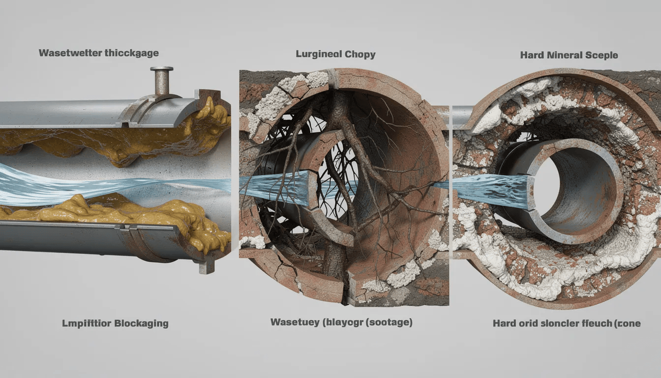 Three types of clogged pipes: grease buildup, tree root intrusion, and mineral deposits